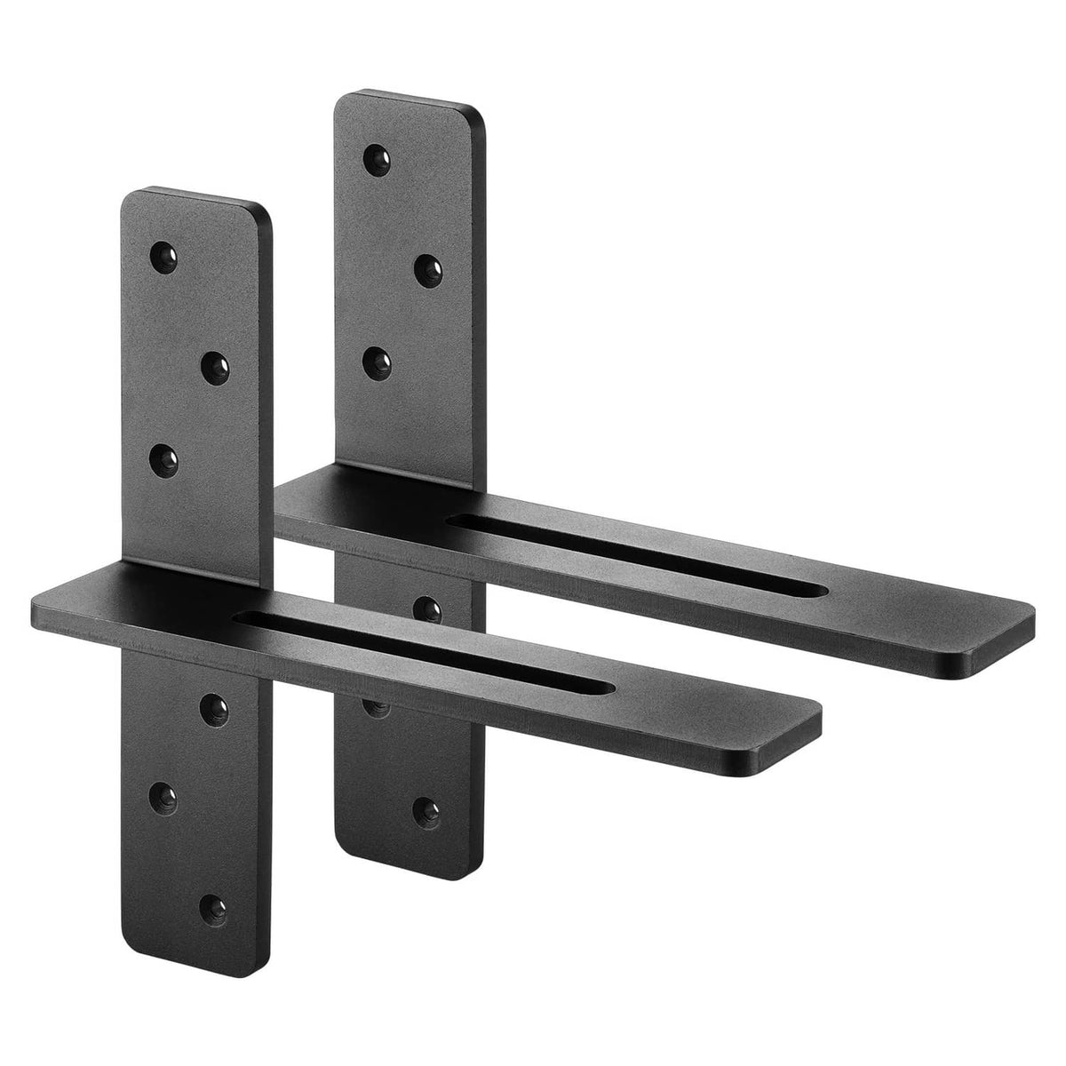 Matte black 2-pack floating shelf brackets with two horizontal rails and screw holes