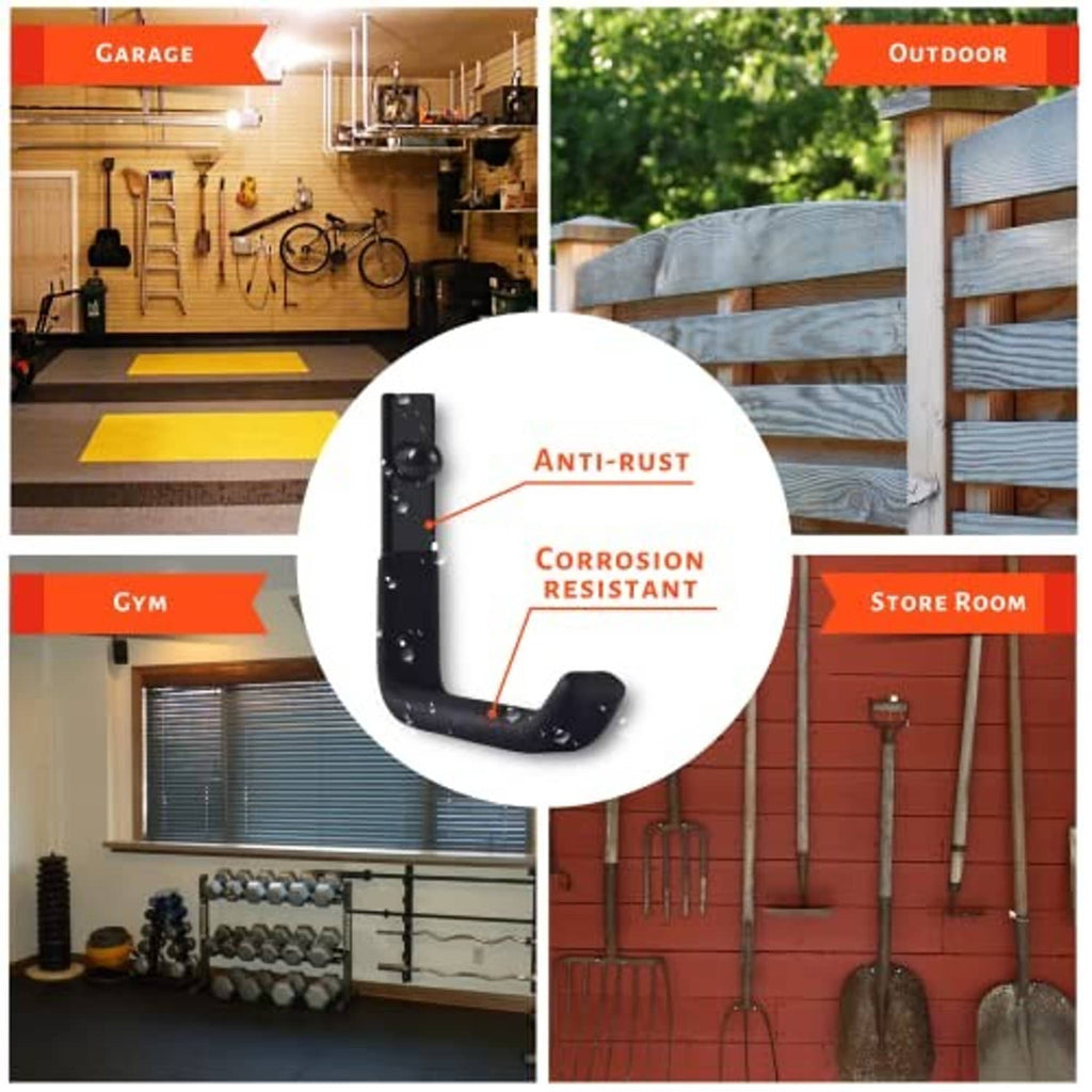 Black wall-mounted curved hook for garage or outdoor use, showing anti-rust resistance concept