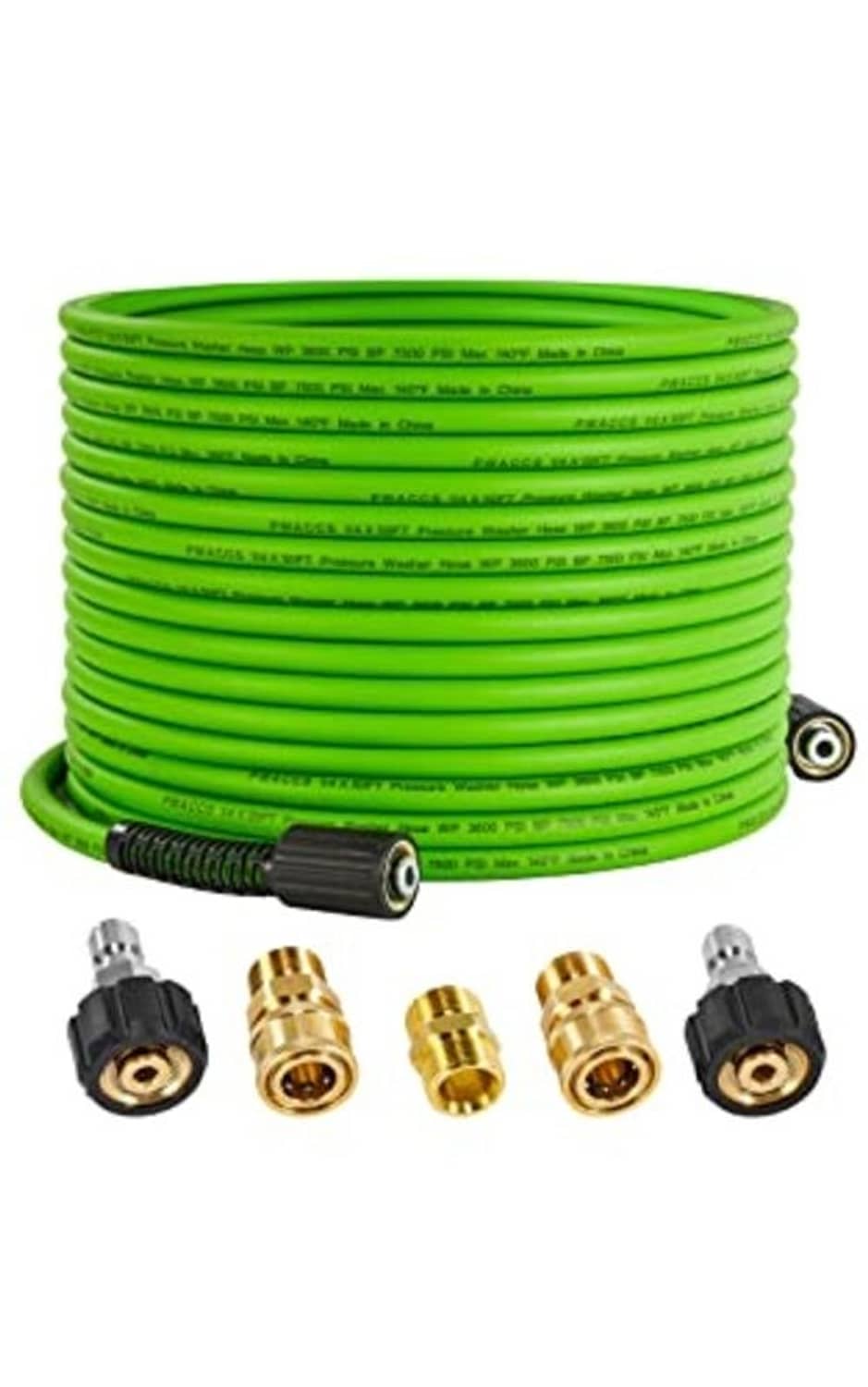 Green pressure washer hose reel with black and brass quick-connect hose fittings