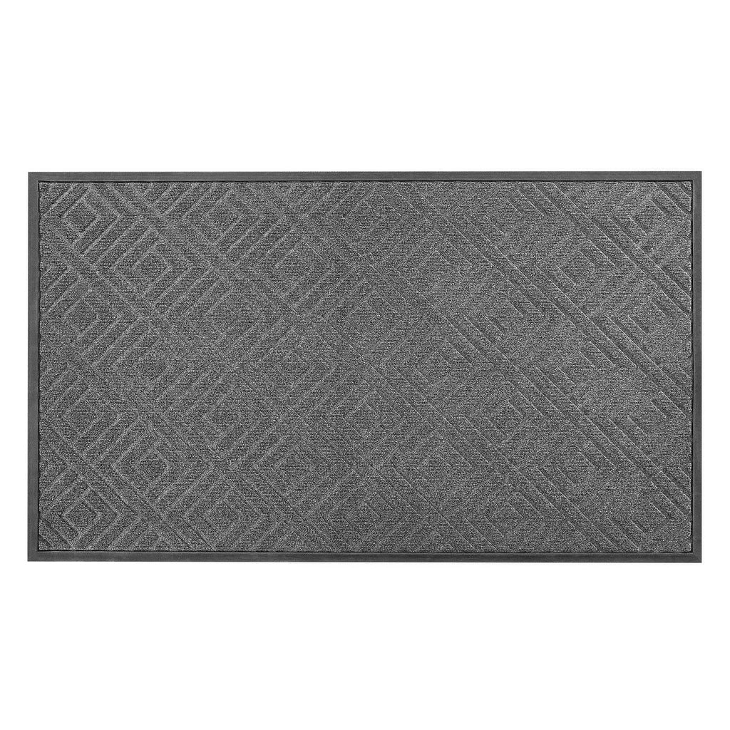 Grey front door mat with dark border and subtle geometric tile-like texture.