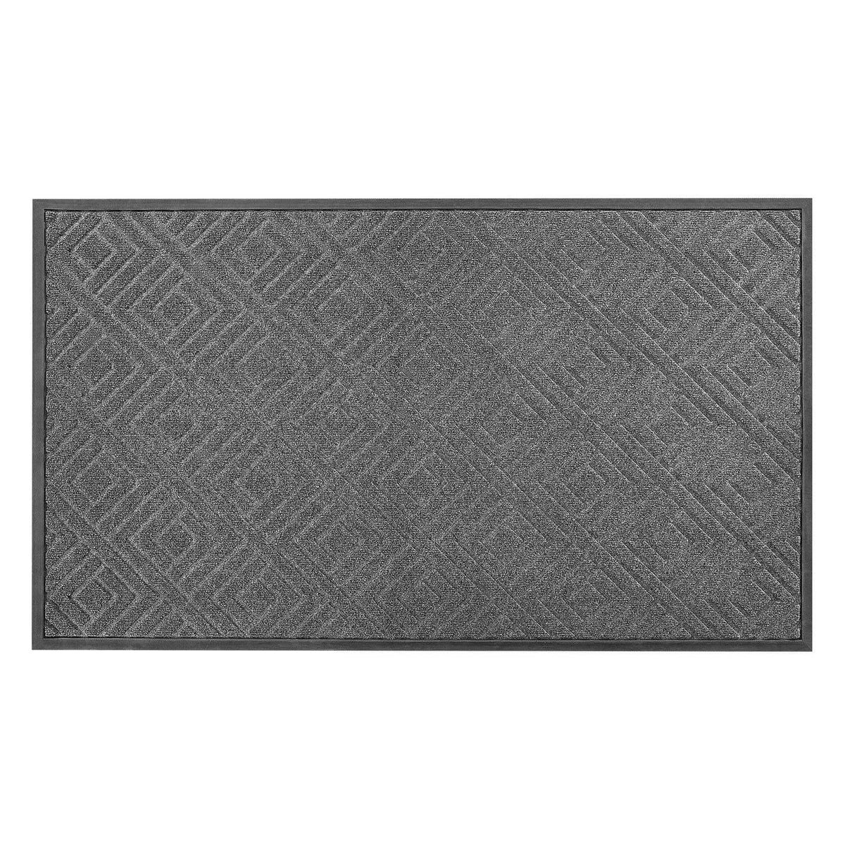 Grey front door mat with dark border and subtle geometric tile-like texture.
