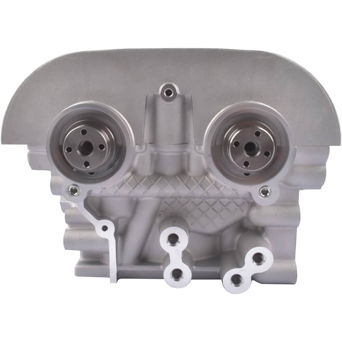 Engine cylinder head cover section with two circular ports and mounting holes, silver