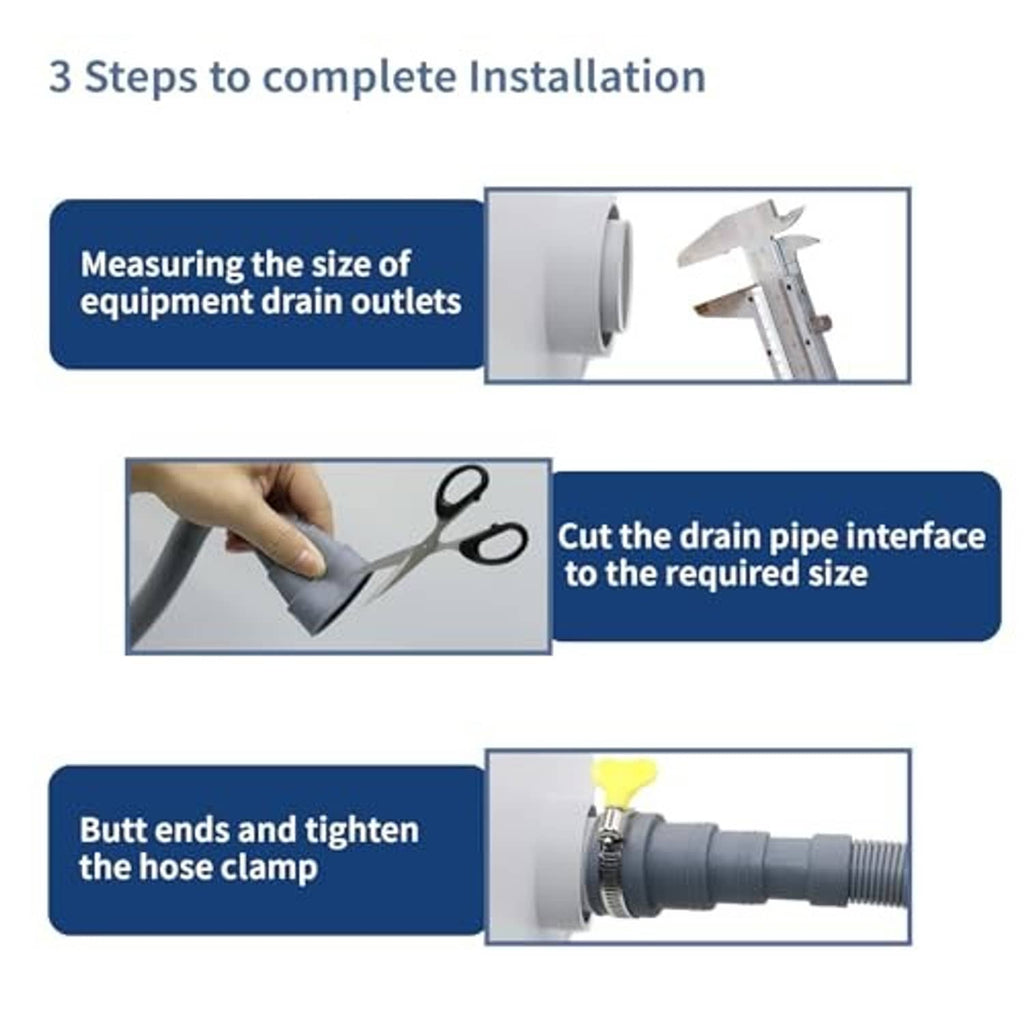 Gray corrugated washer hose with hose clamp ends showing cut-to-size installation steps