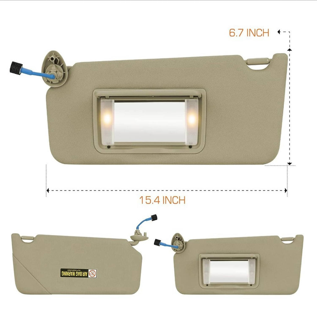 Beige sun visor with illuminated vanity mirror, left-side mounting
