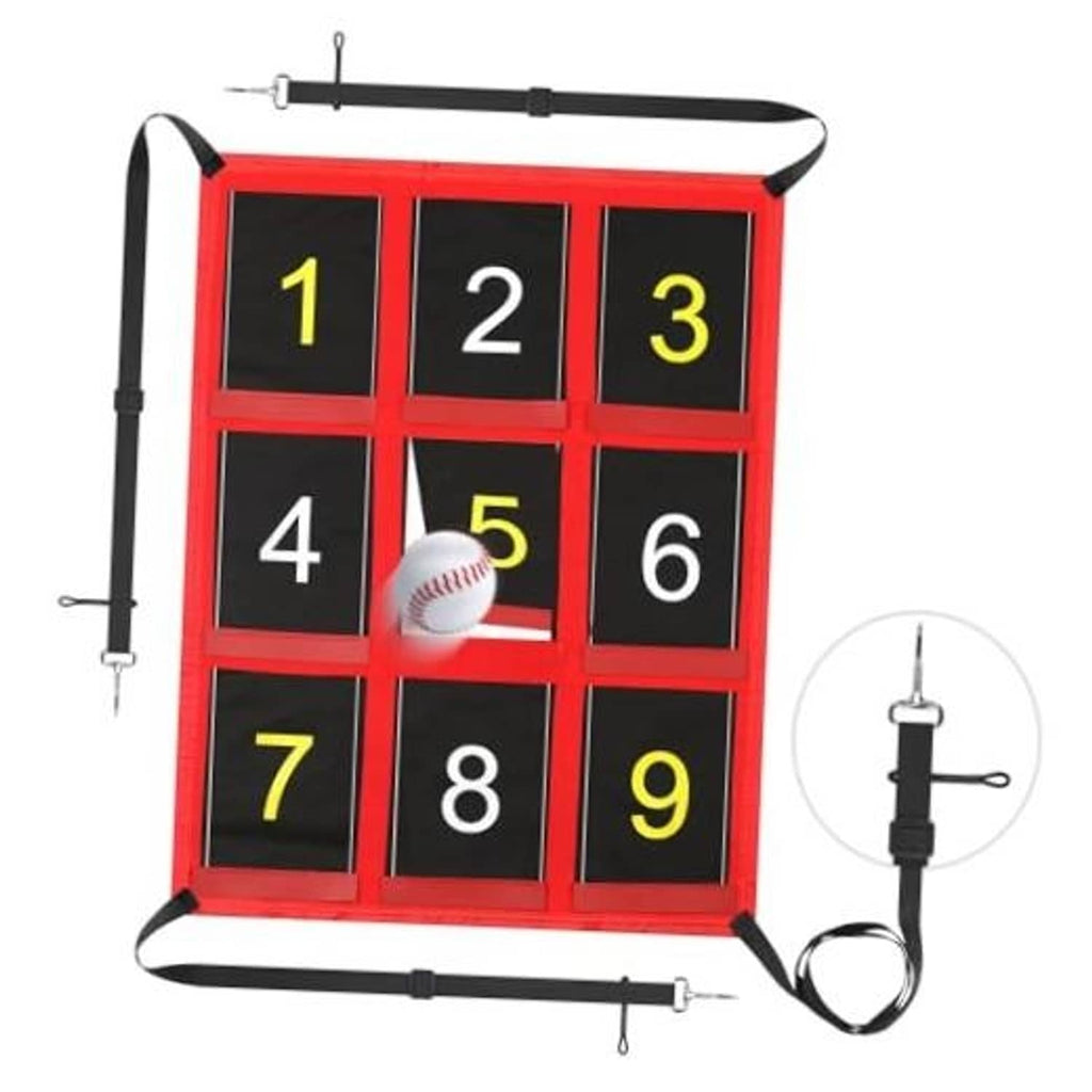 Red pitching target net with nine black strike-zone squares numbered 1 to 9