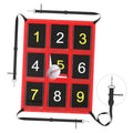 Red pitching target net with nine black strike-zone squares numbered 1 to 9
