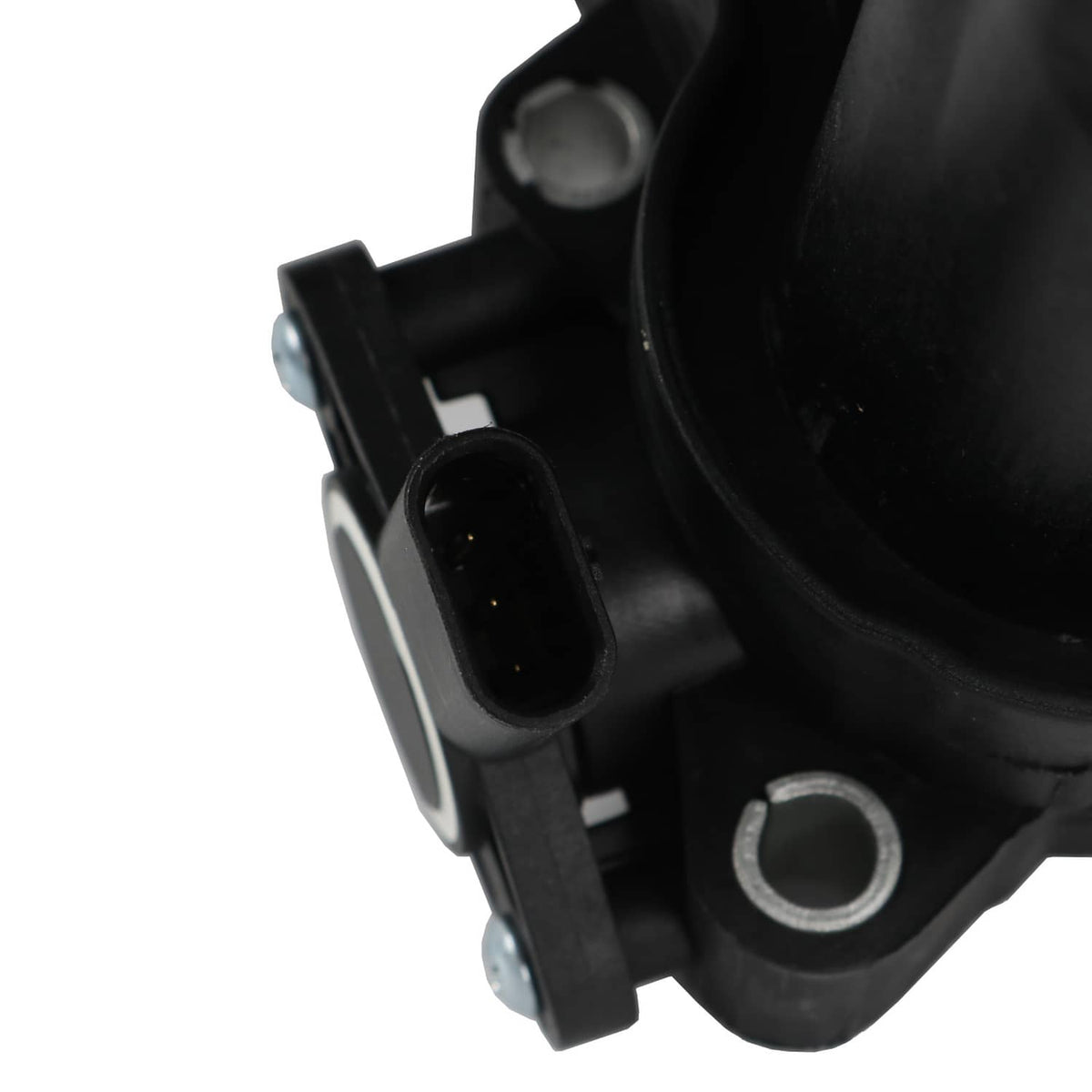 Black intake manifold sensor port with mounting bracket and metal fasteners