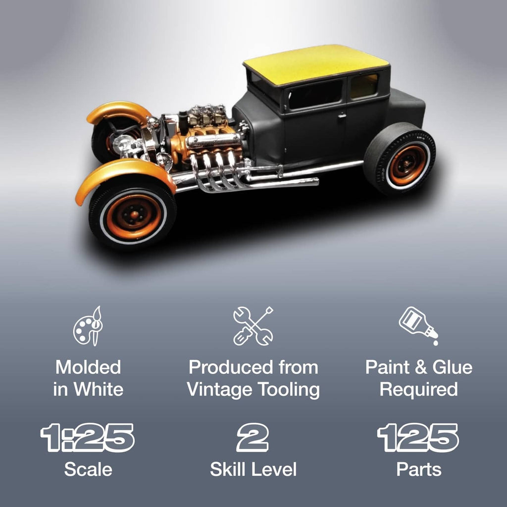 Chopped 1925 Ford T roadster model kit, black coupe body with yellow roof