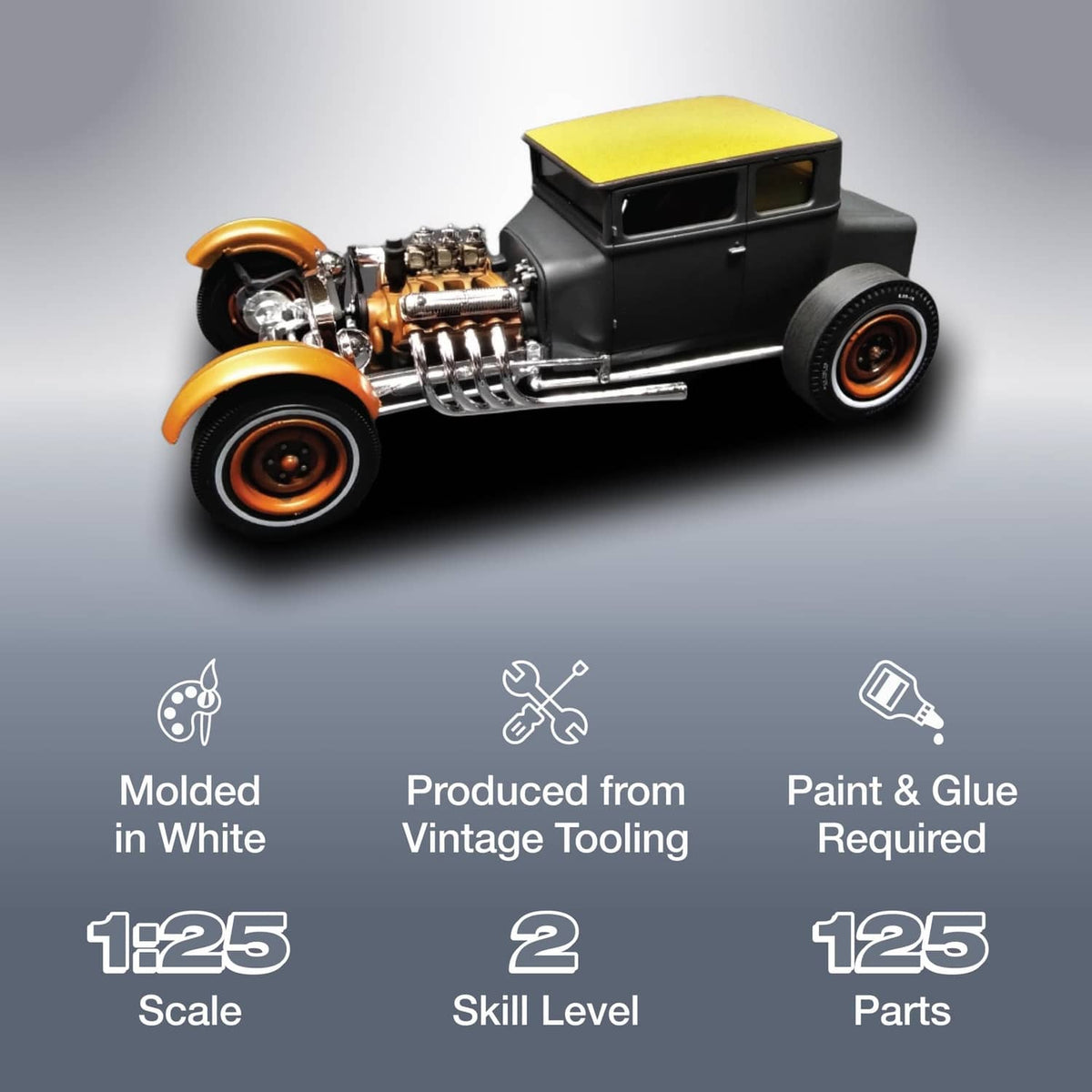Chopped 1925 Ford T roadster model kit, black coupe body with yellow roof