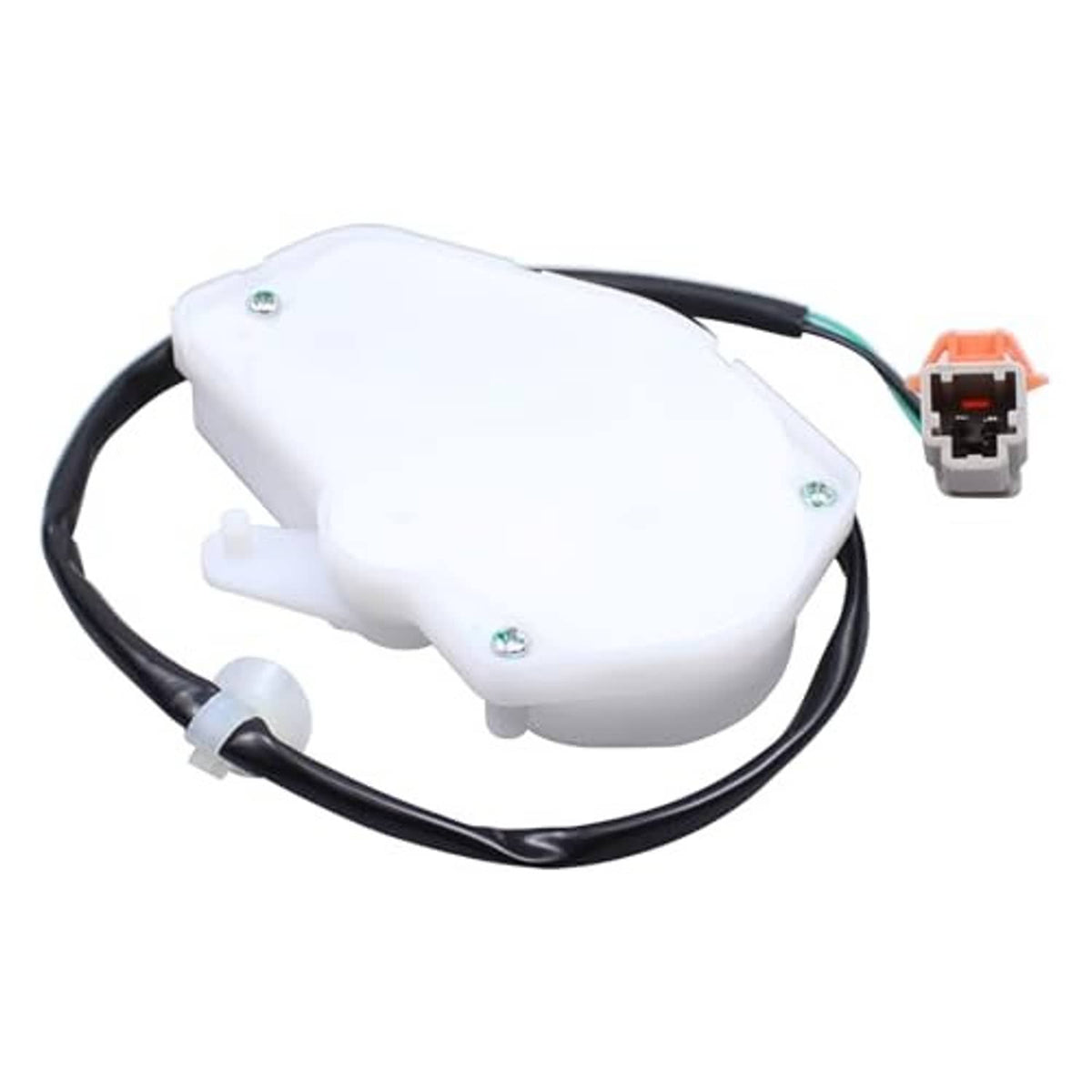 Door latch lock actuator with attached wiring and orange-gray connector plug