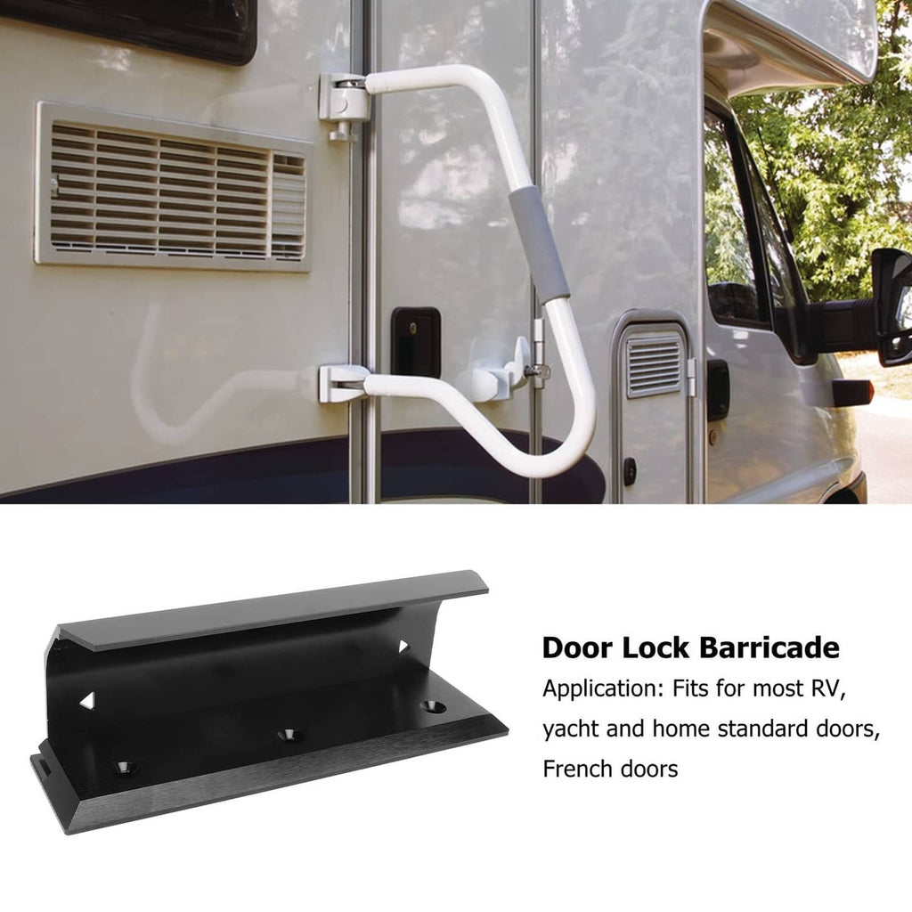 Black door lock barricade brace mounted on an RV door near the lock area