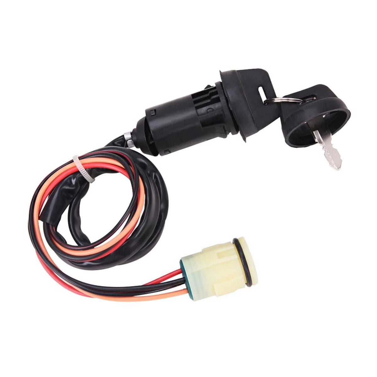 Ignition switch key assembly with black wire harness, light yellow plug, and two keys