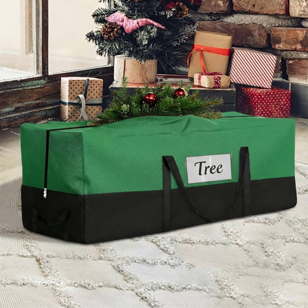Green and black Christmas tree storage bag with handles and front label