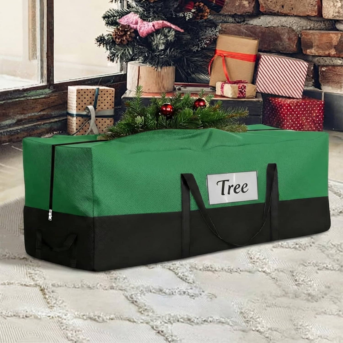 Green and black Christmas tree storage bag with handles and front label