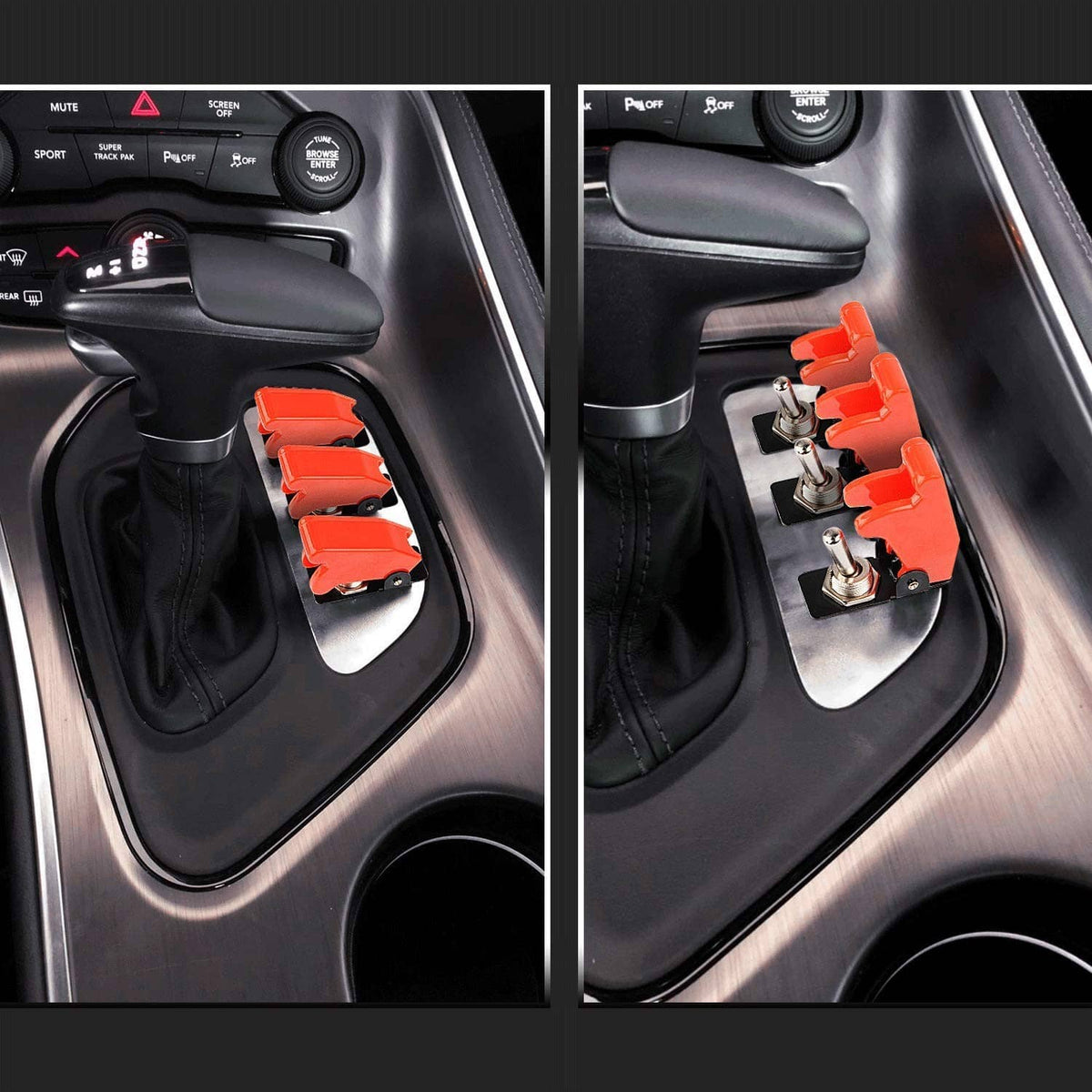 Red rocker toggle switch installed in car console, with black base and terminals