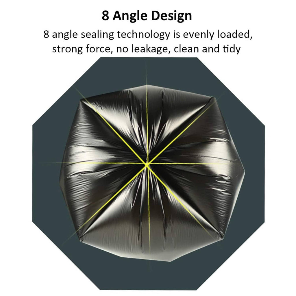 Black trash bags with eight-angle sealing design for strong, leak-resistant closure
