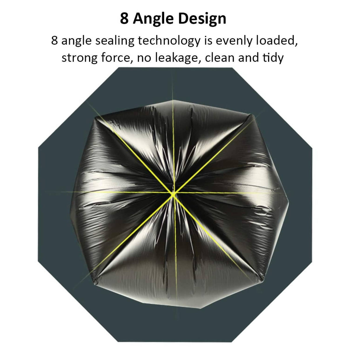 Black trash bags with eight-angle sealing design for strong, leak-resistant closure