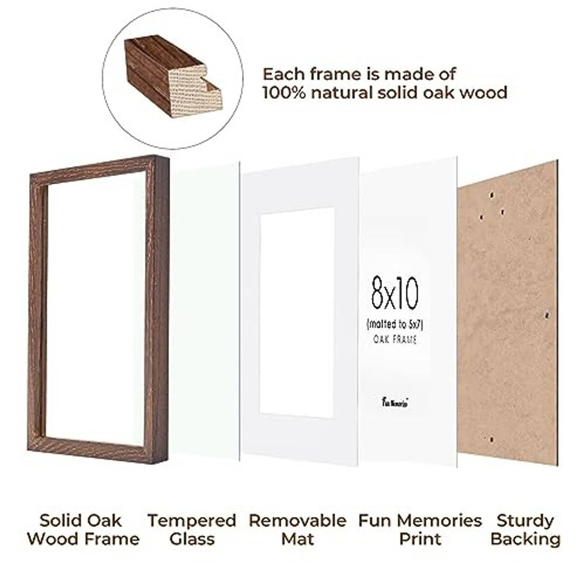 Walnut-brown solid oak picture frame with removable tempered glass and sturdy backing