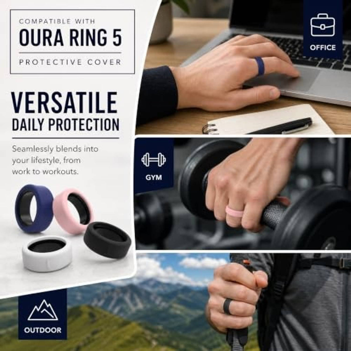 Silicone ring covers in blue, pink, white, and black shown with hands in use