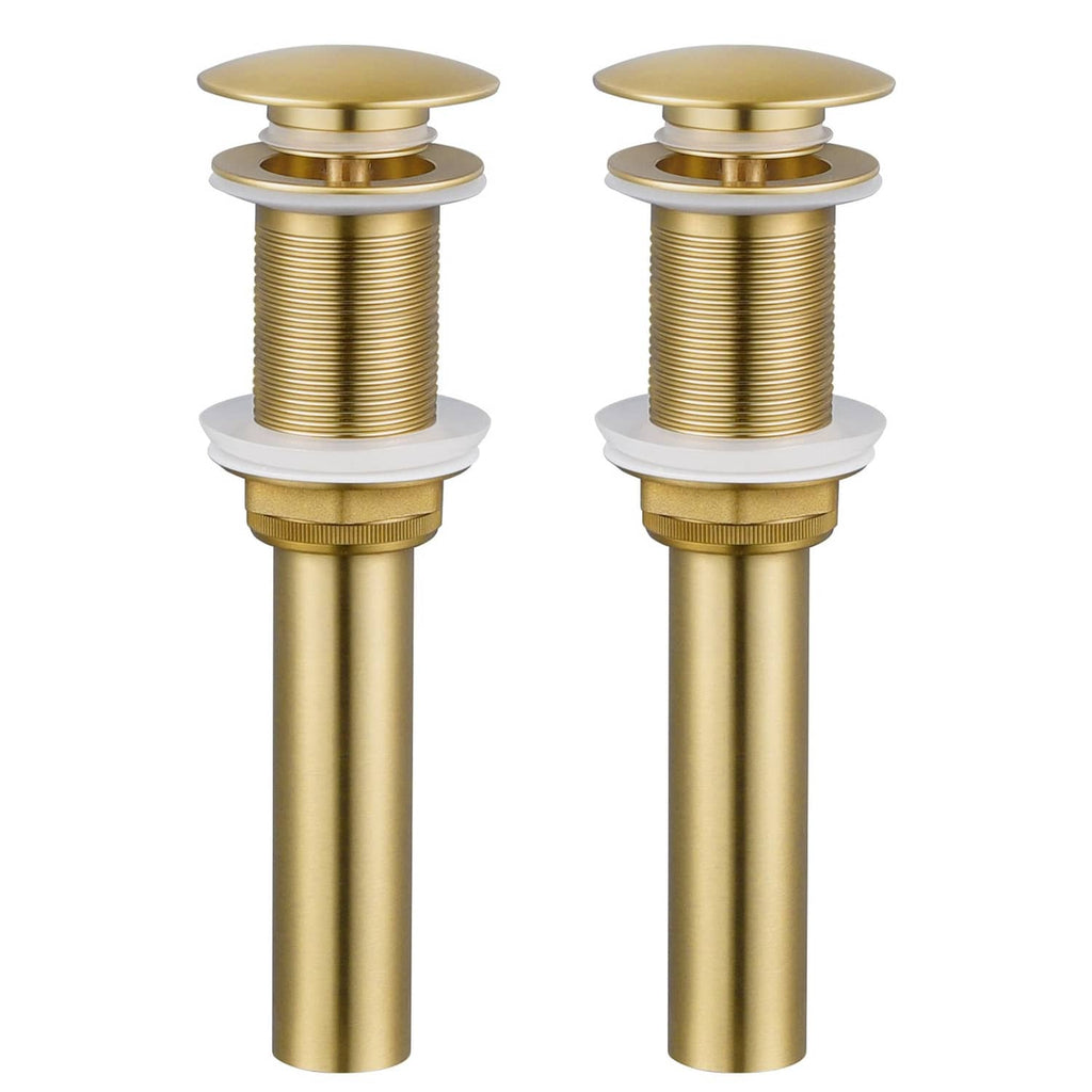 Brushed gold pop-up sink drain stopper with top cap and threaded body, no overflow