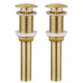 Brushed gold pop-up sink drain stopper with top cap and threaded body, no overflow