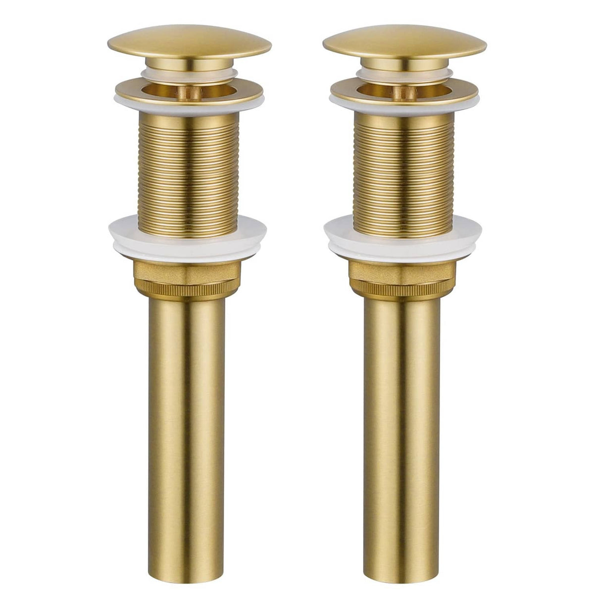 Brushed gold pop-up sink drain stopper with top cap and threaded body, no overflow