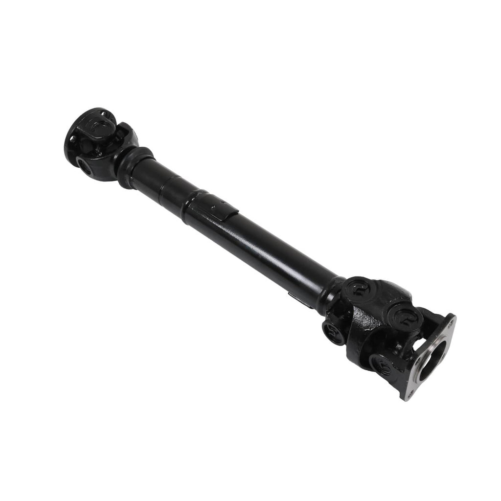 Black front drive shaft with U-joint ends and yoke brackets, angled view.