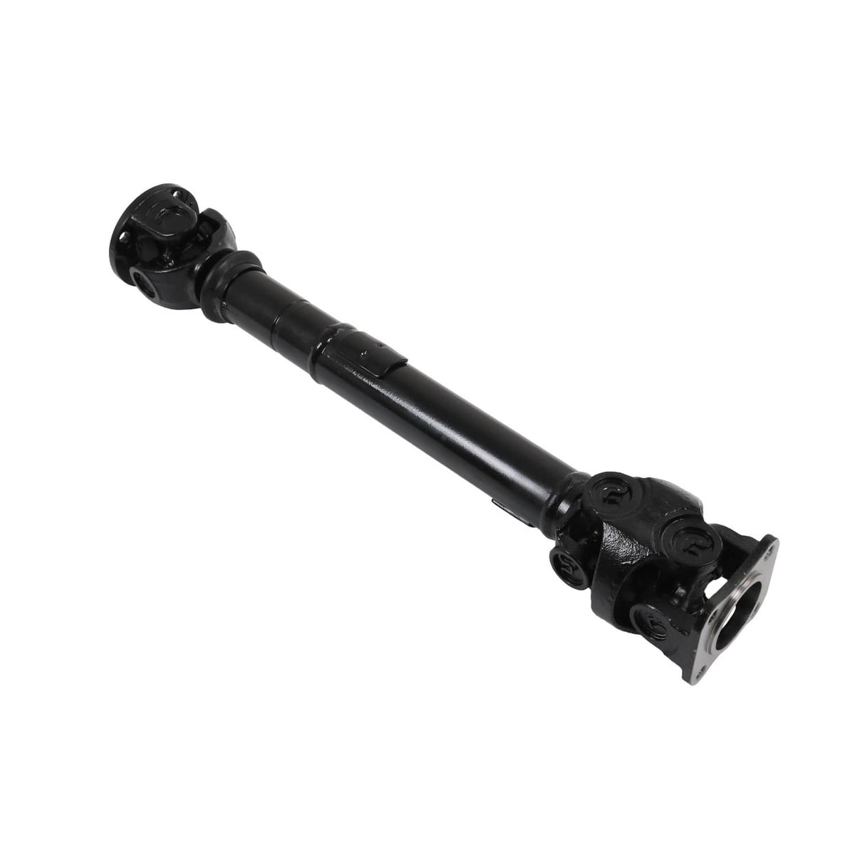 Black front drive shaft with U-joint ends and yoke brackets, angled view.