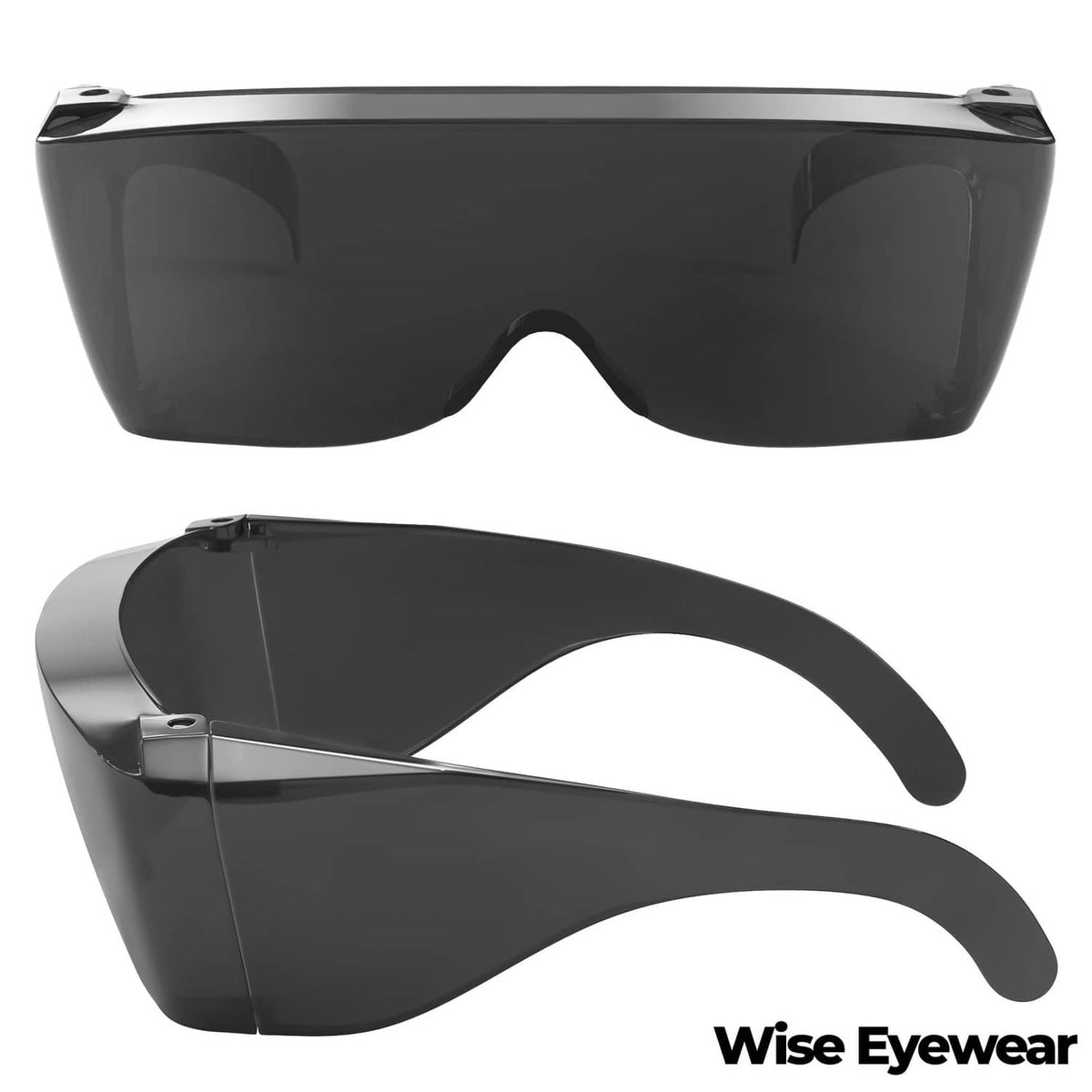 Black wrap-around sunglasses cover-up with tinted lenses, front and side perspective.