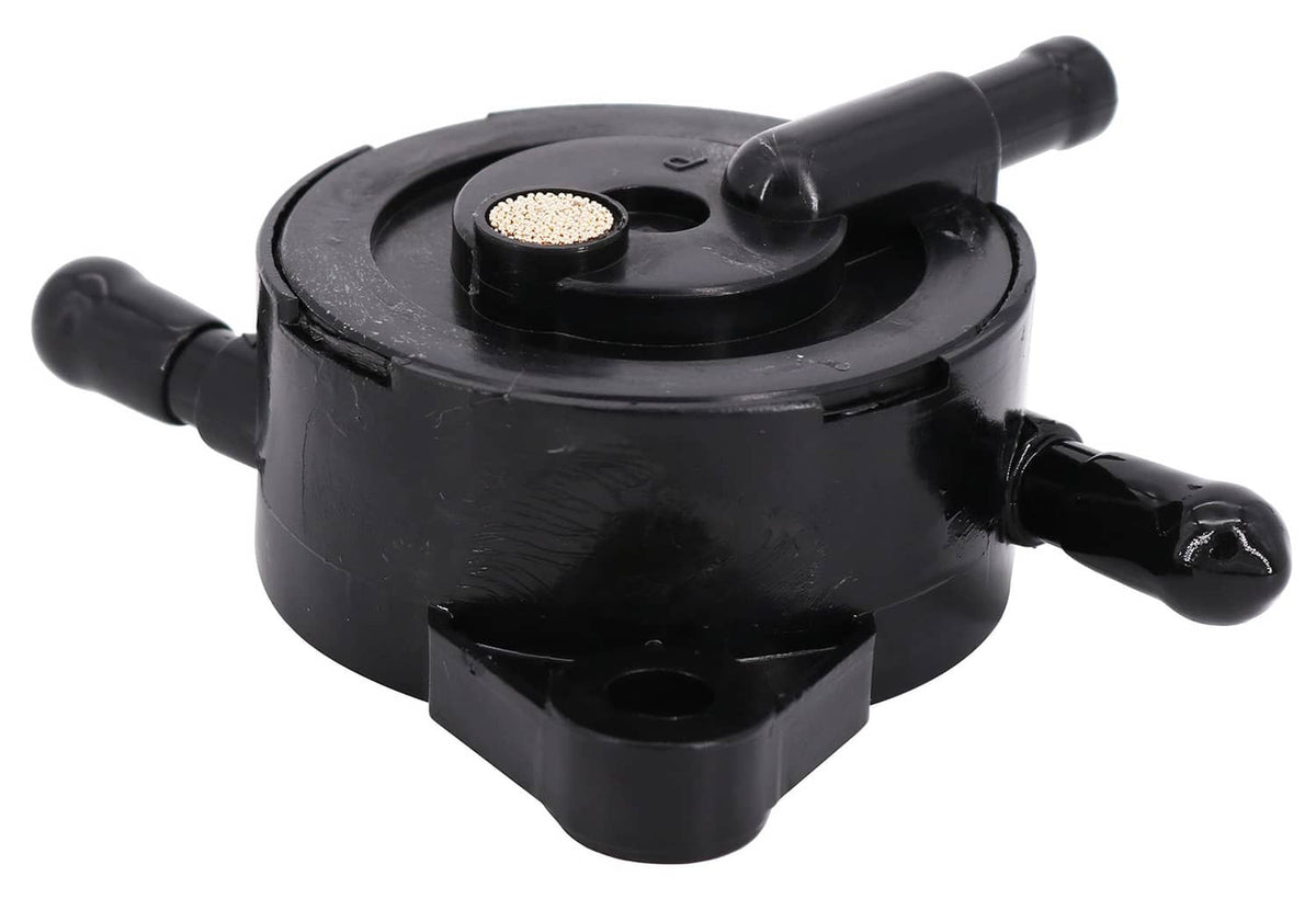 Black diaphragm fuel pump with round housing and two hose connectors