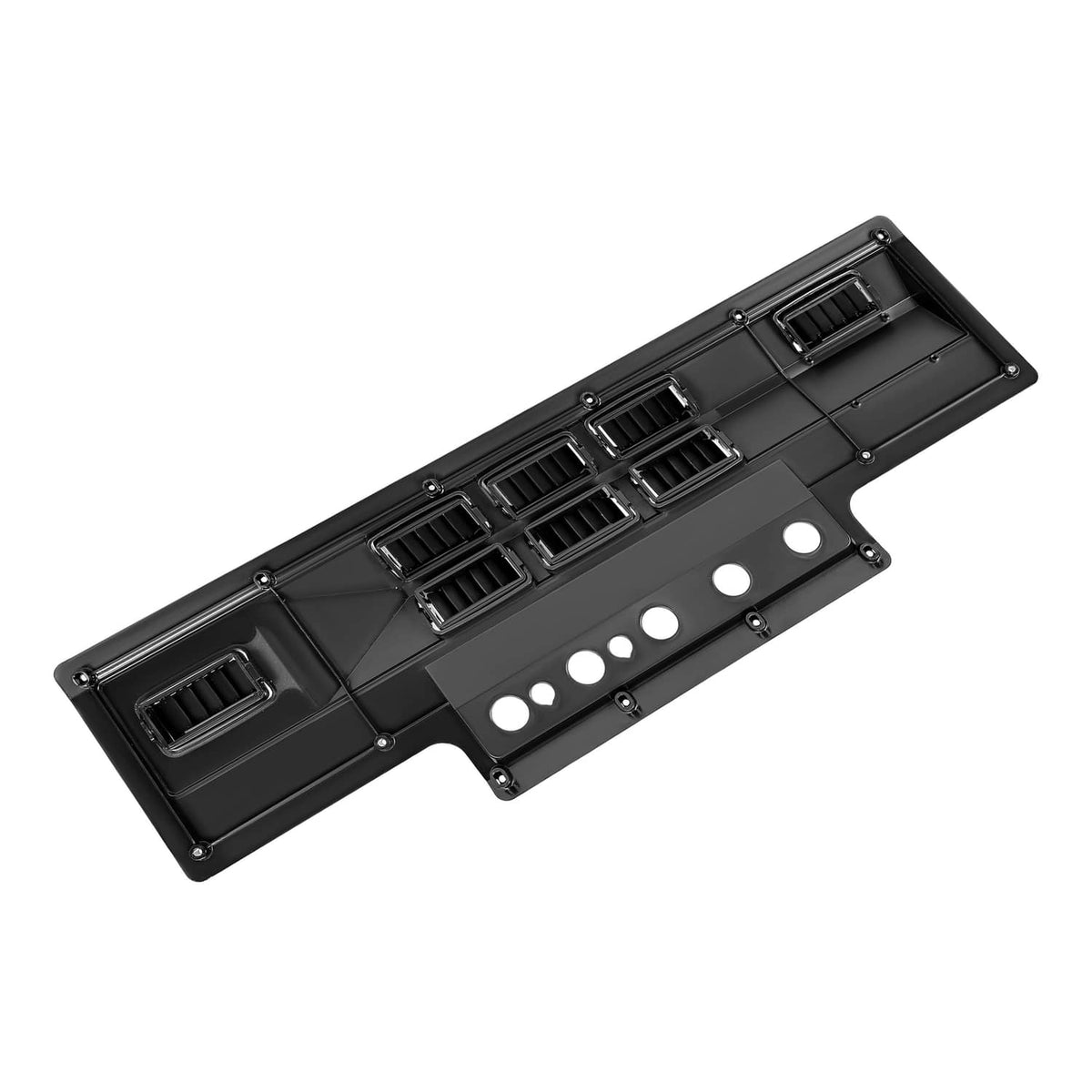 Angled black A/C heat control panel bezel with vent grilles and white circular indicators