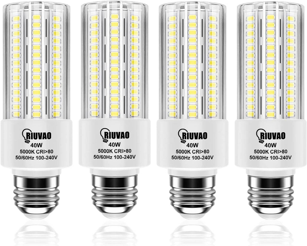 4-pack clear LED light bulbs with E26 base, cool daylight 5000K, bright 5000LM.