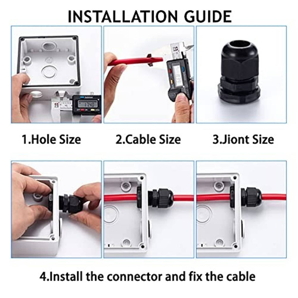 Cable gland installation guide showing connector, lock nut, and cable routing steps