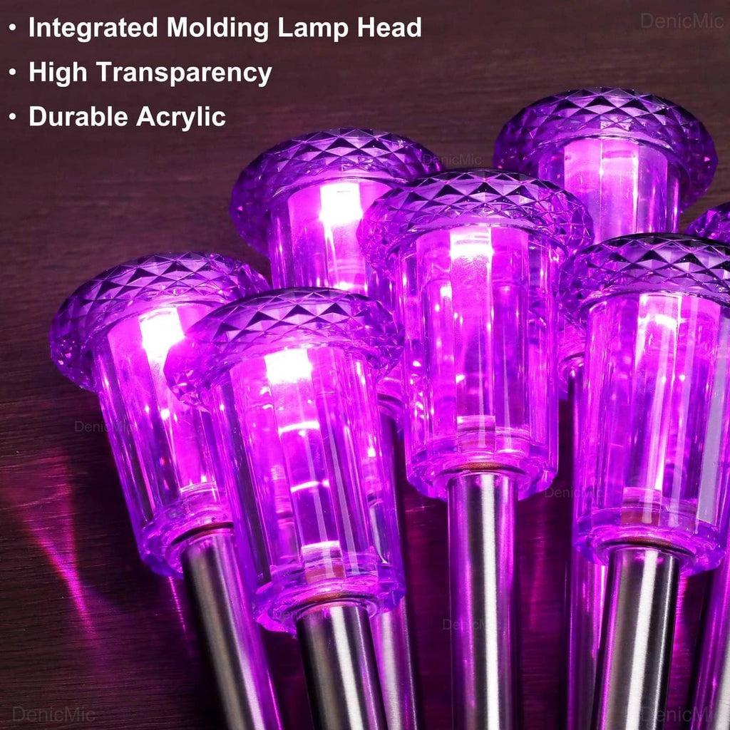 Set of purple solar lamp heads with transparent acrylic sides on stainless-steel light poles