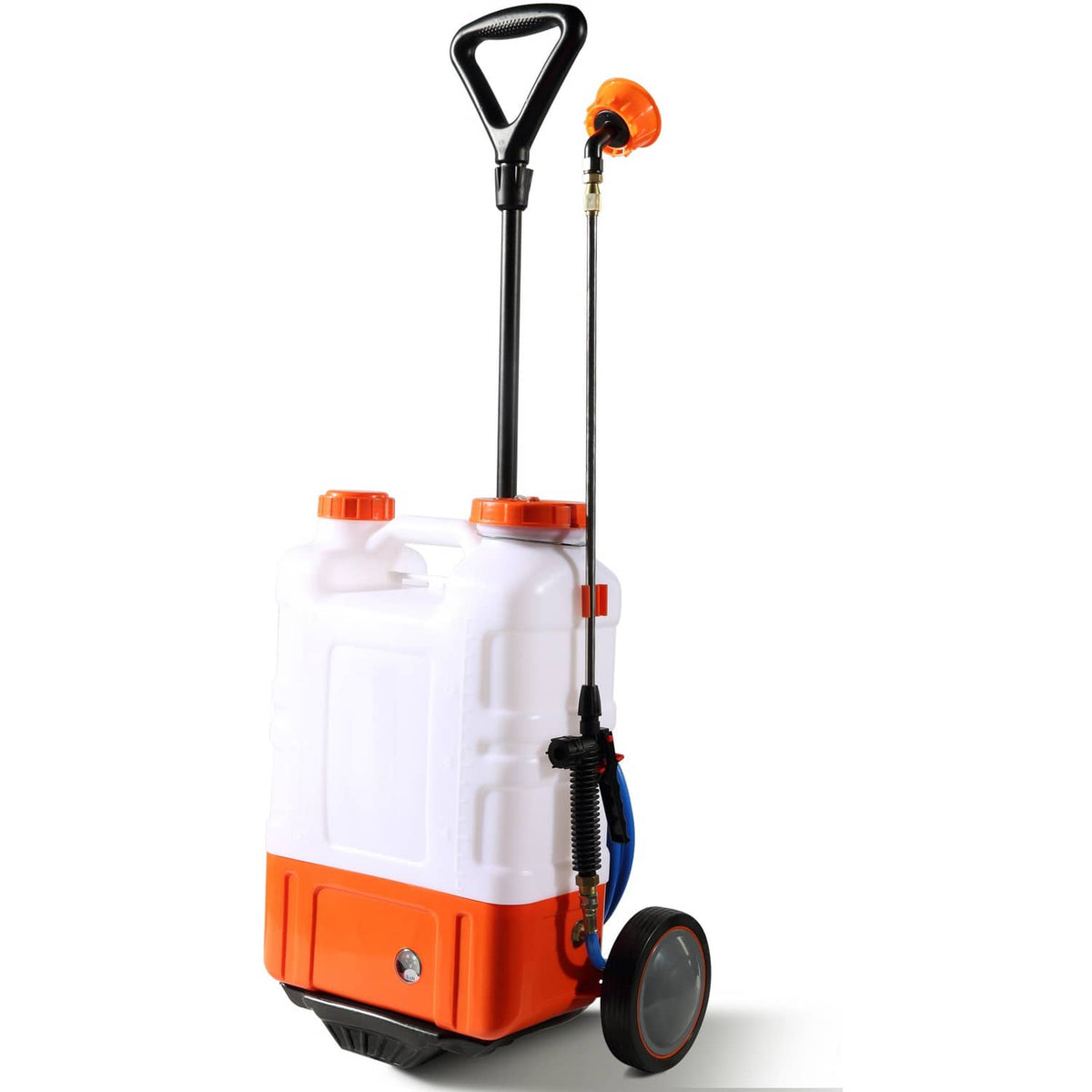 Front view battery sprayer cart with black handle, orange accents, twin hoses, and two wheels