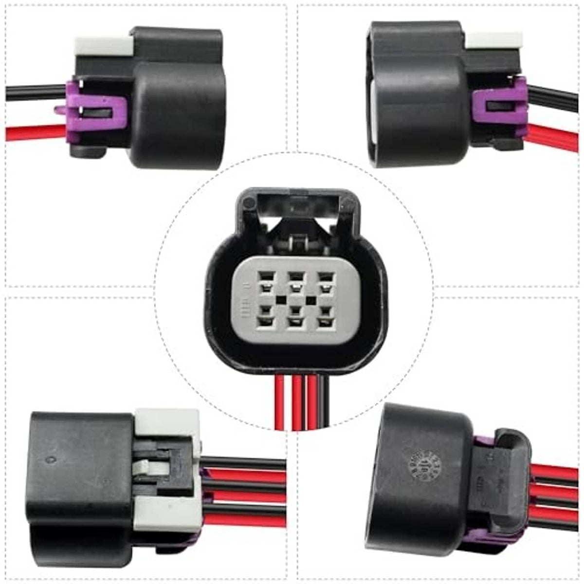 6-pin throttle body connector pigtail showing side ports and red/black wire leads