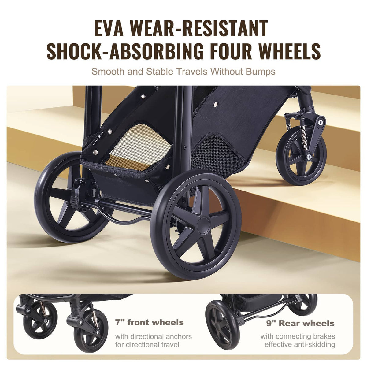 Black stroller wheels and frame with light gray fabric seat