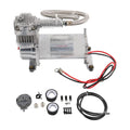 Air compressor with stainless braided hose, wiring, and mounting hardware kit components