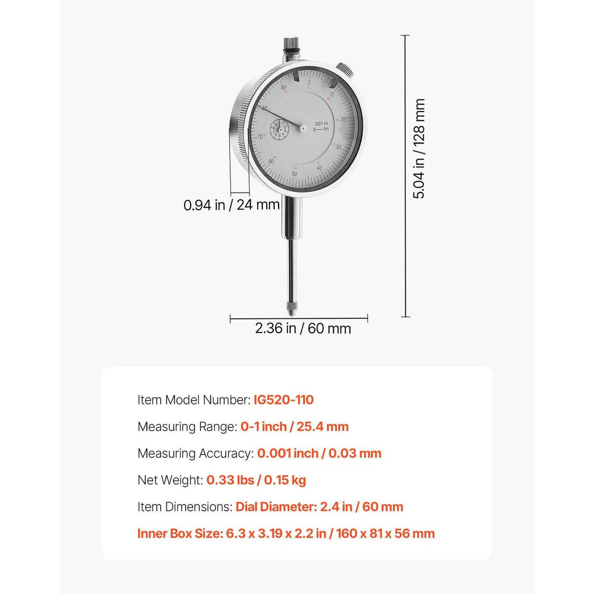 Compact dial test indicator with 24 mm dial face and 60 mm metal probe stem
