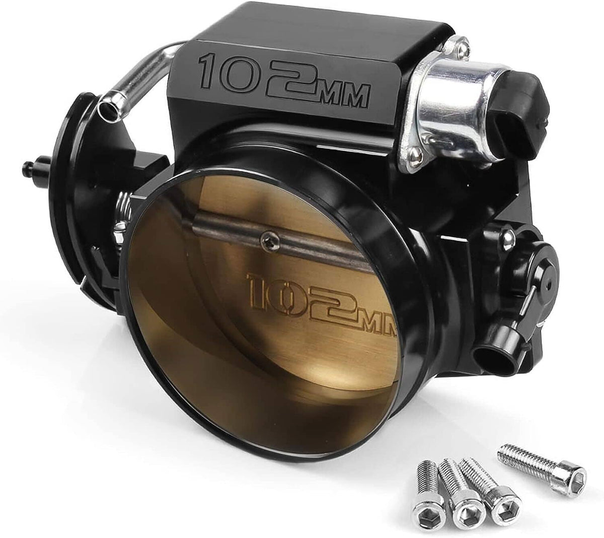 102mm throttle body with gold bore, black housing, and mounting bolts included