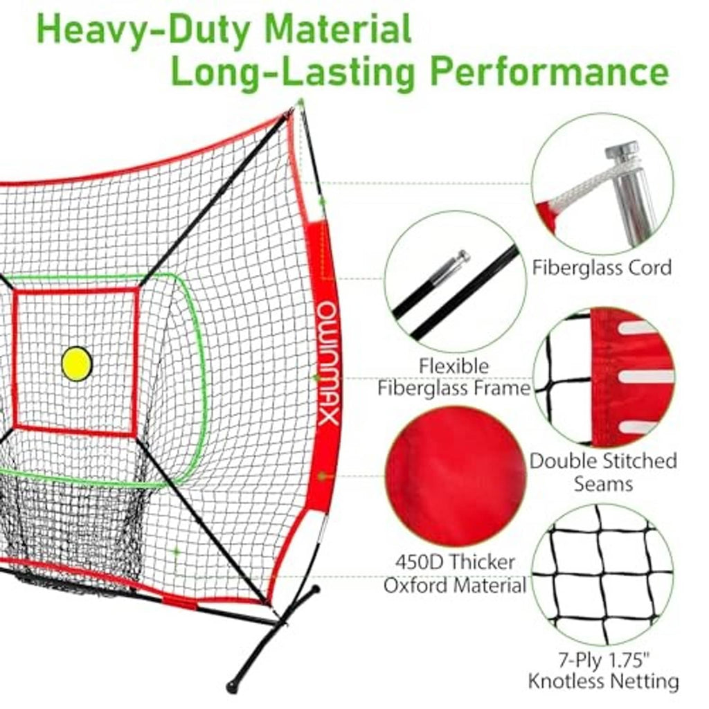 Baseball batting net with reinforced frame, green trim, and knotless 7-ply netting