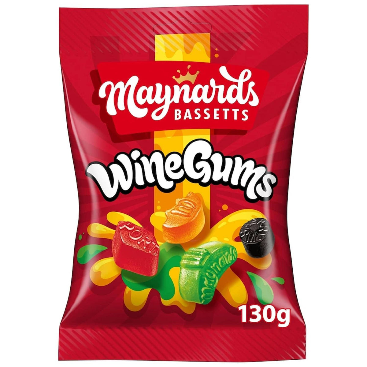 WineGums candy bag, red Maynards front, assorted gummies pictured, 130g.