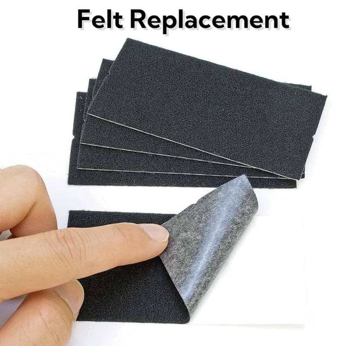 Black felt edge replacement pad with adhesive backing, held between fingers