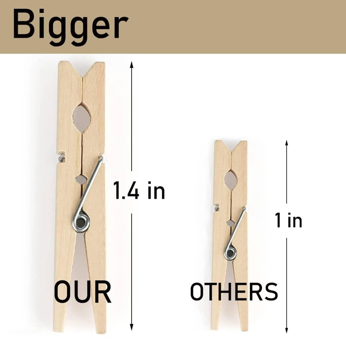 Wooden mini clothespin size comparison: 1.4 in clip height