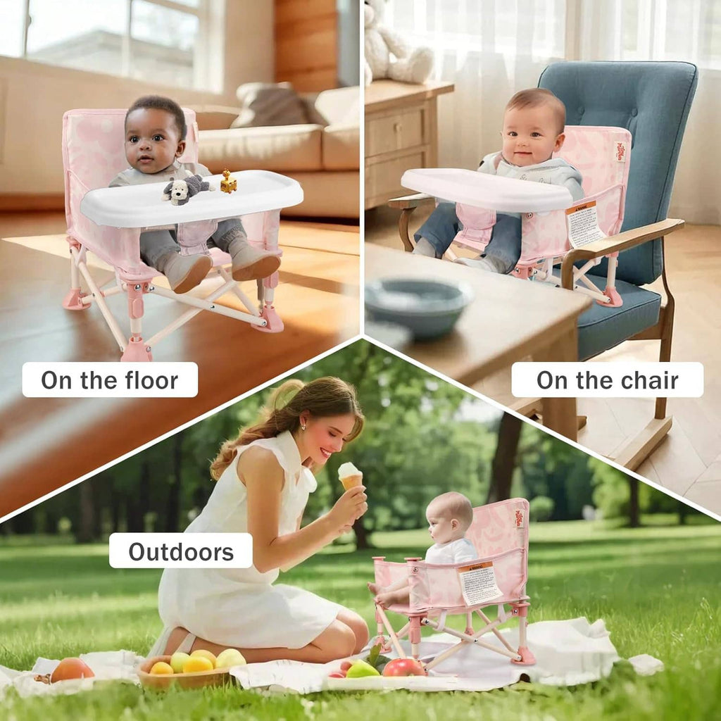 Pink portable baby chair with white tray and foldable frame for secure seating