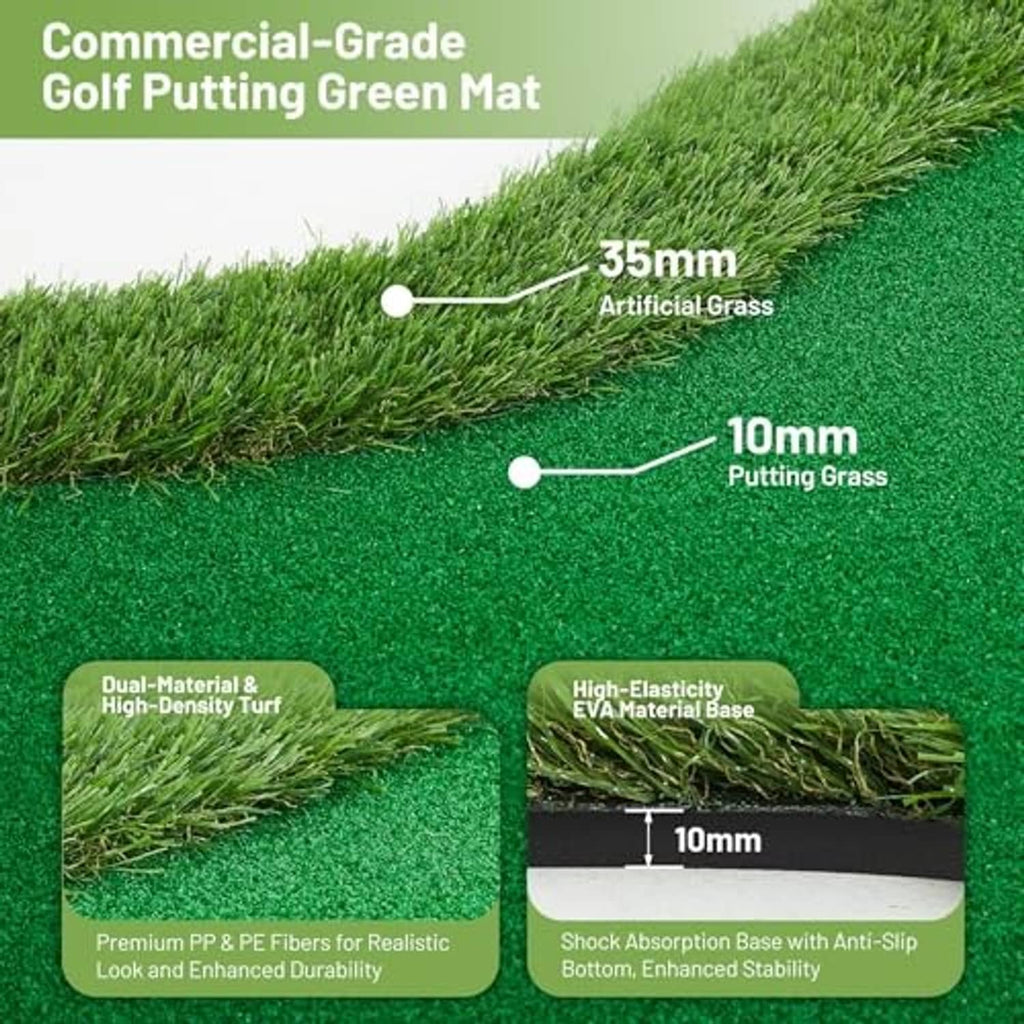 Close-up artificial grass putting green with layered turf and anti-slip base