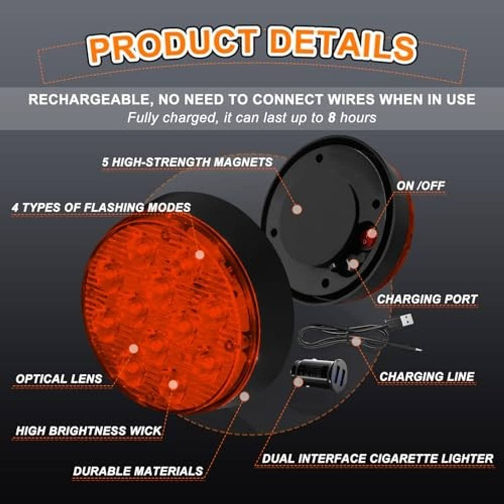 Amber strobe beacon with black magnetic base, charging port, and connected cable