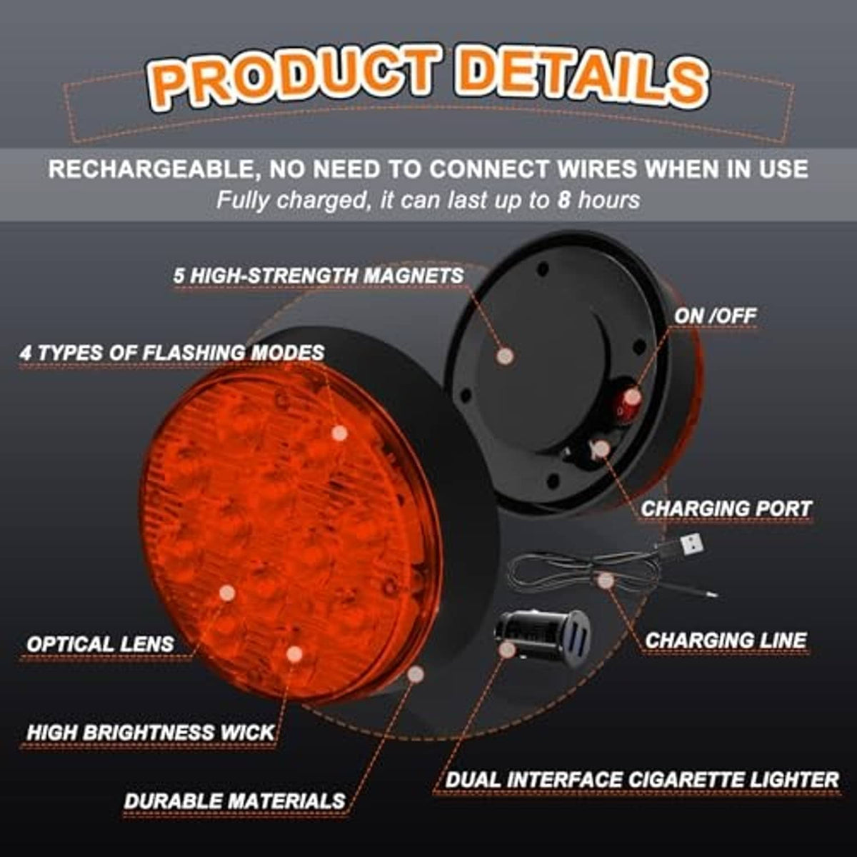 Amber strobe beacon with black magnetic base, charging port, and connected cable