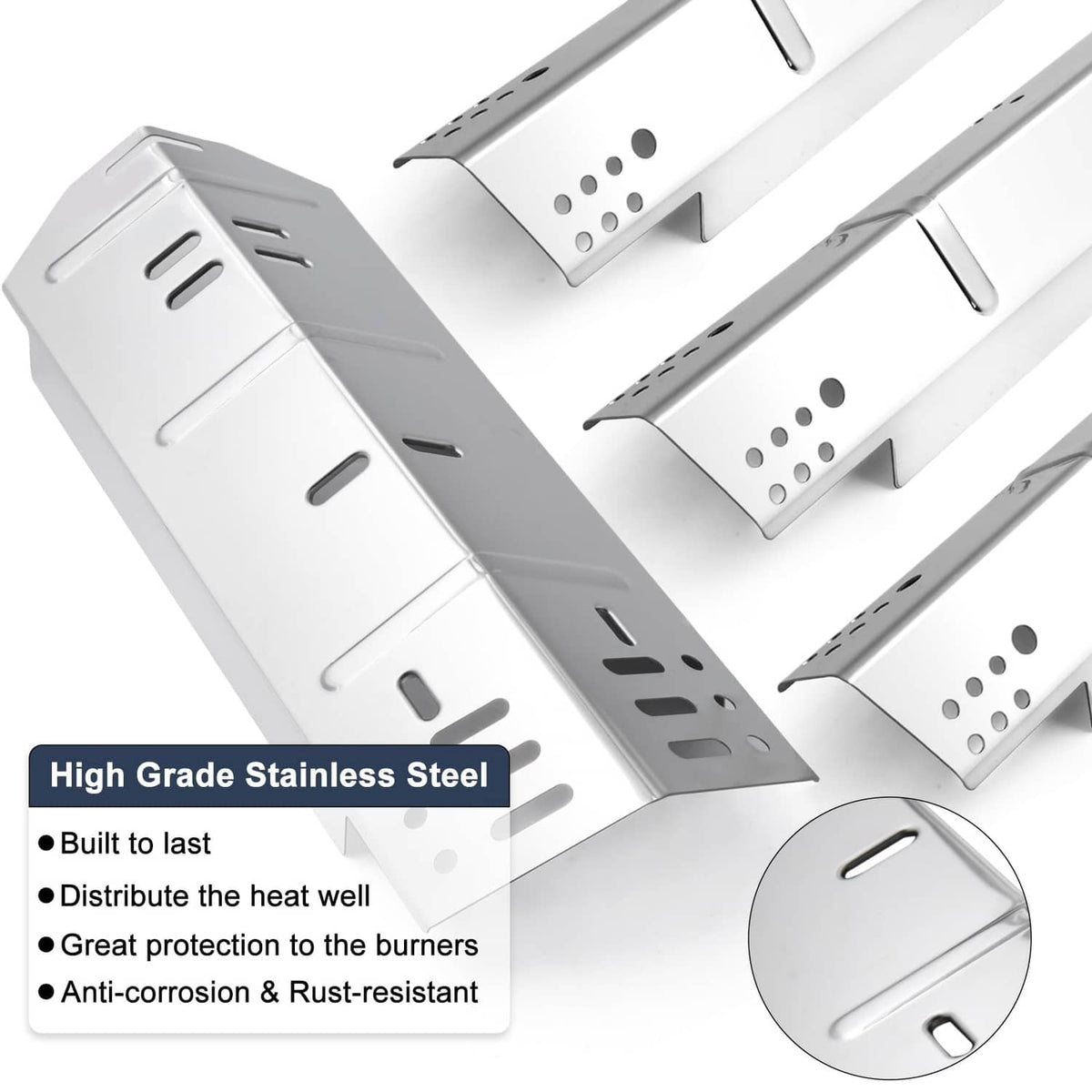 Stainless steel grill heat plate with burner-protection holes and mounting slots