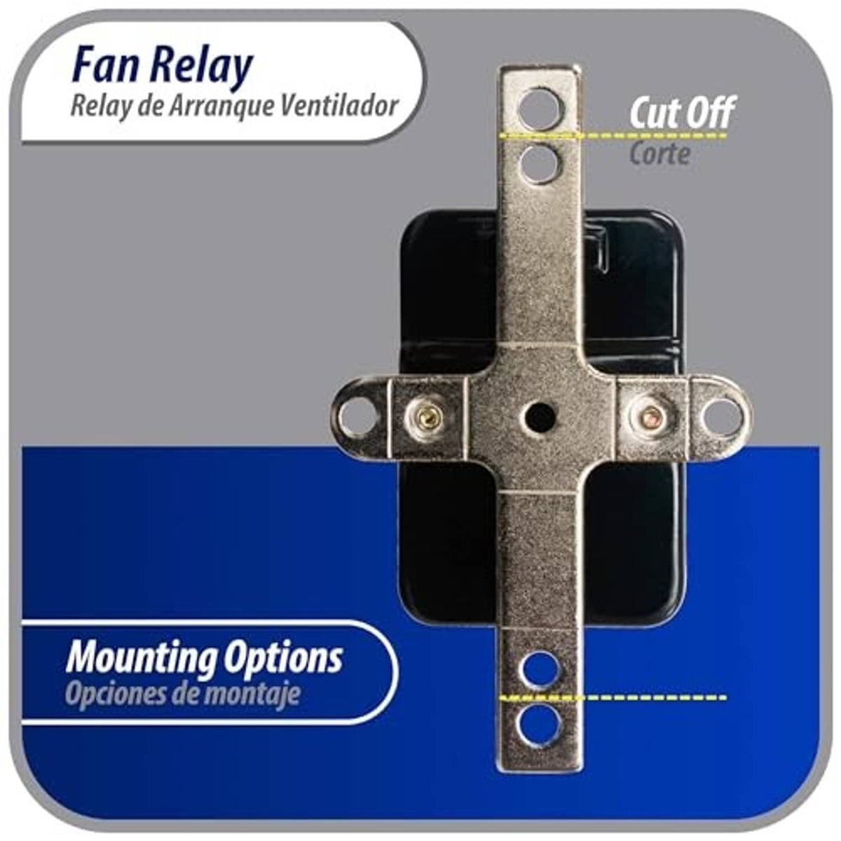 Fan relay with mounting options diagram and cut-off contact position shown